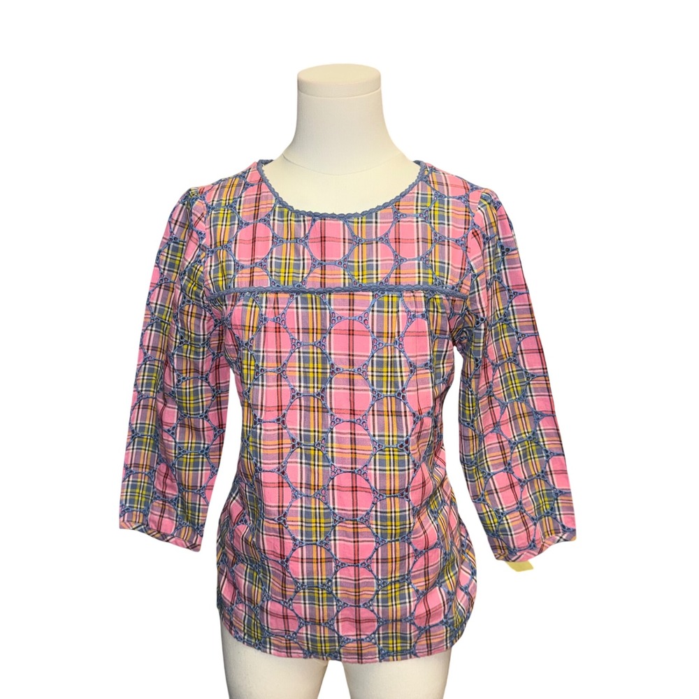 Boden Pink Plaid Cutout Lattice Embroidered Cotton Top US 8P Whimsigoth Cottage